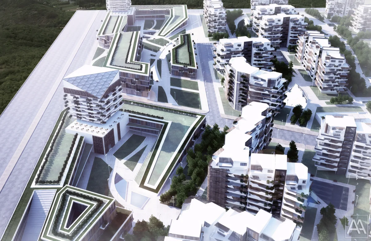 ECO TOWN residential edge beside an angular civic complex with planted roofs