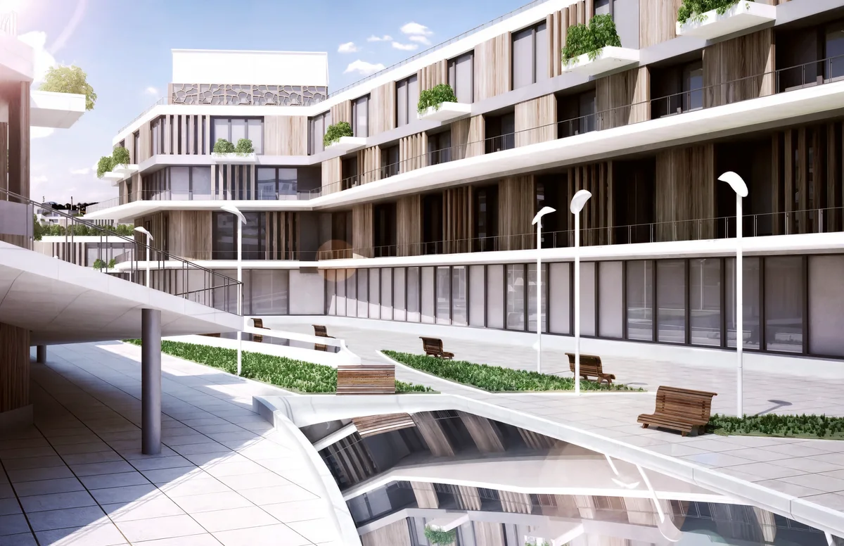 ECO TOWN pedestrian plaza with layered walkways, benches and wood-screened facades