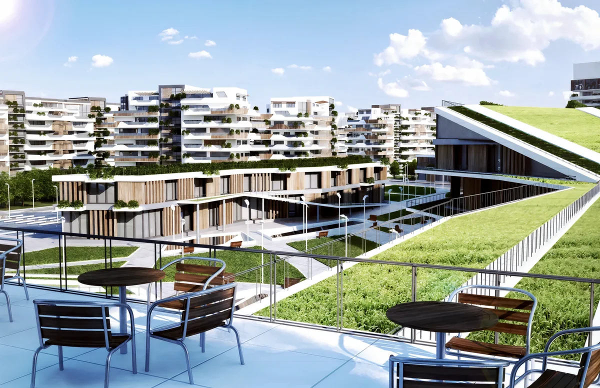 ECO TOWN terrace with cafe tables, planted roofs and a layered pedestrian complex