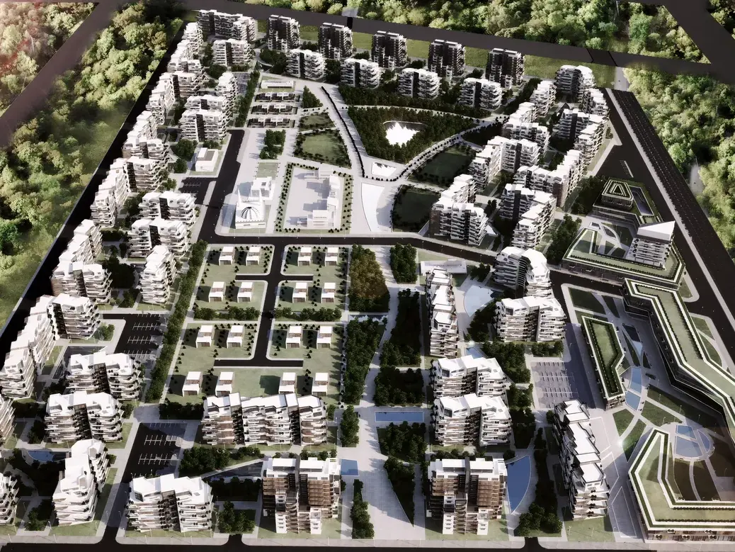 ECO TOWN Saburah'taki merkezi bir parkın etrafındaki yerleşim mahallelerini gösteren havadan master plan