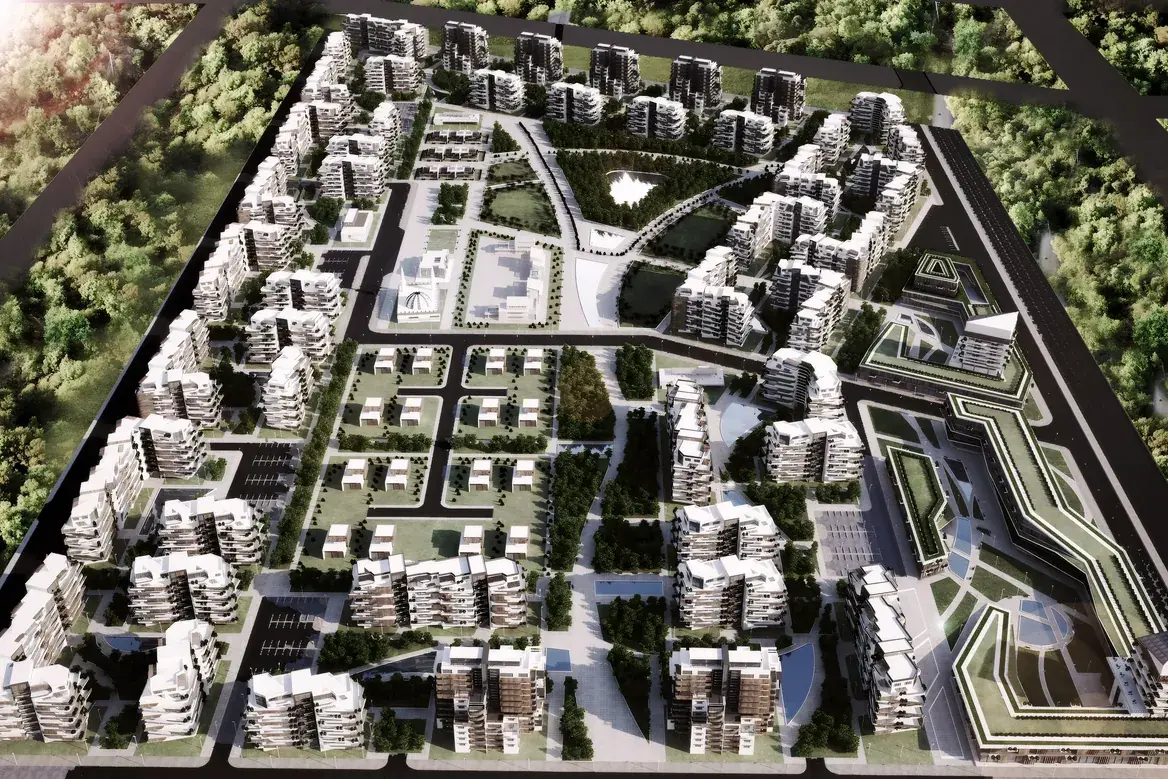 ECO TOWN aerial masterplan showing residential neighbourhoods around a central park in Saburah