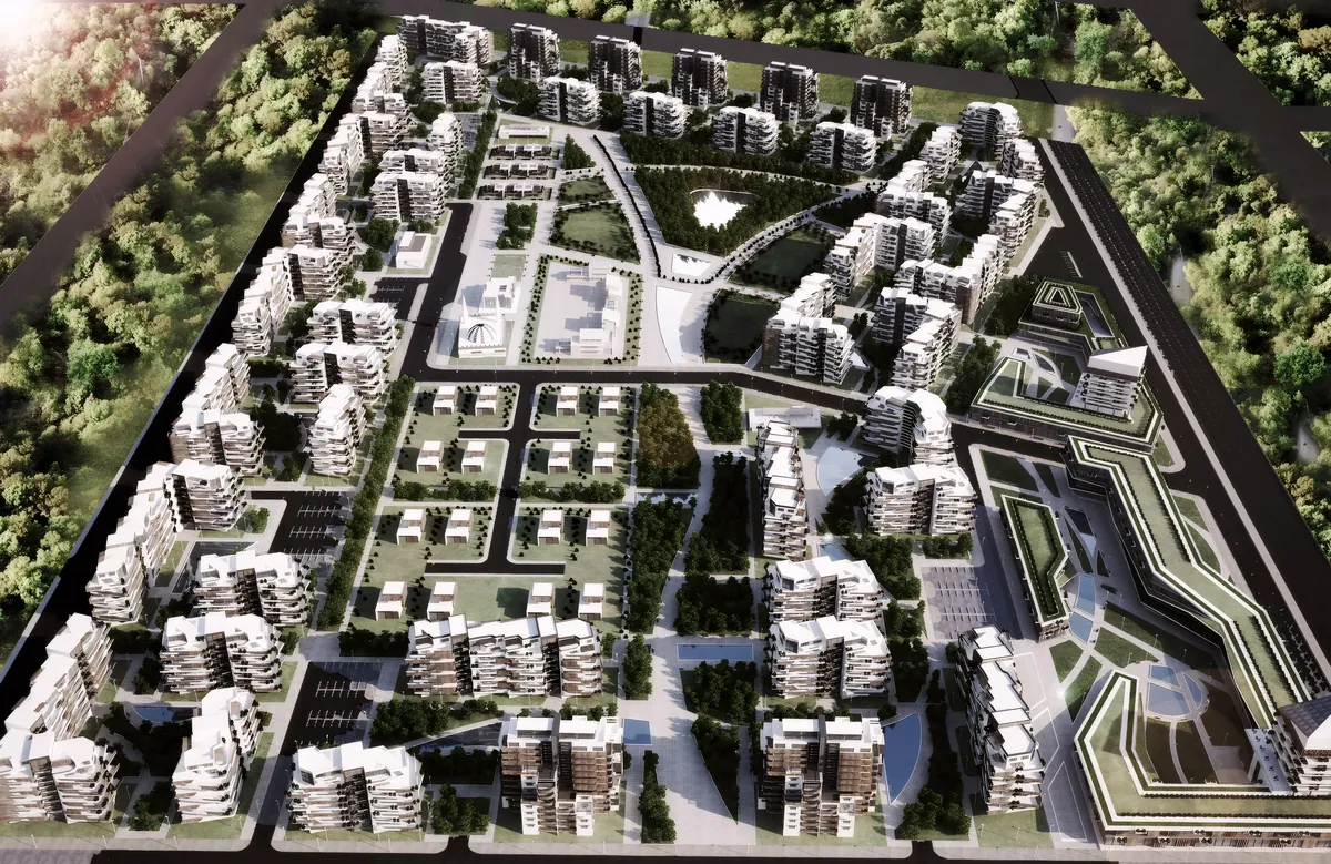 ECO TOWN aerial masterplan showing residential neighbourhoods around a central park in Saburah