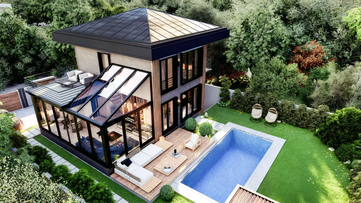Aerial view of a Lavies Şile villa linking its glazed living space, upper terrace, pool and private garden