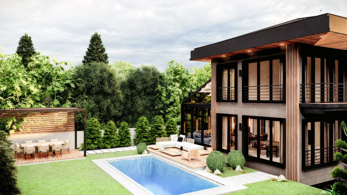 Lavies Şile private garden with a pool, lounge deck and shaded outdoor dining pergola