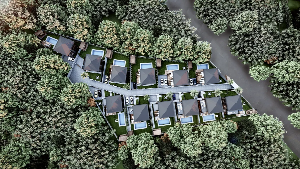 Original overhead Lavies Şile site visualization with twelve villa plots and a central access lane