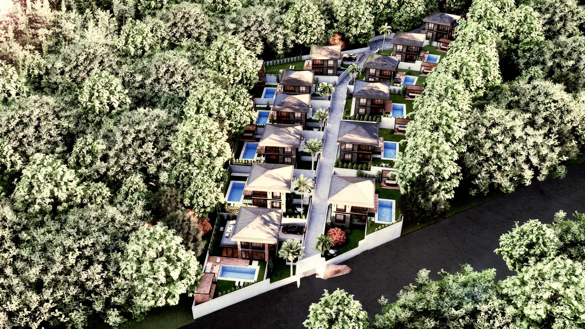Overall Lavies Şile compound layout with two villa rows, a central access lane and private pool gardens