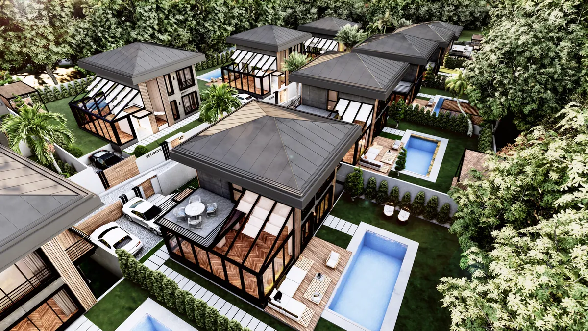 Aerial view of Lavies Şile villas with sloping glazed living spaces, private pools and garden boundaries