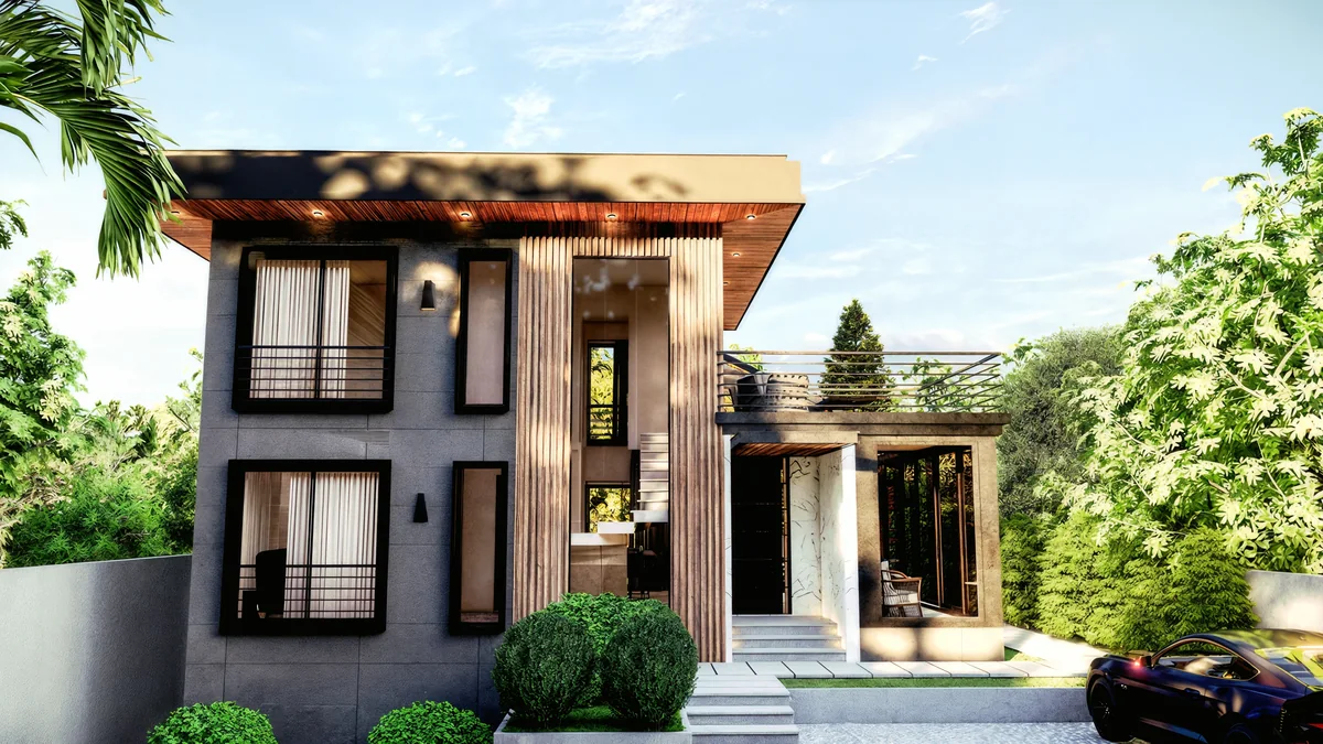 Entrance elevation of a Lavies Şile villa with tall staircase glazing and a covered threshold