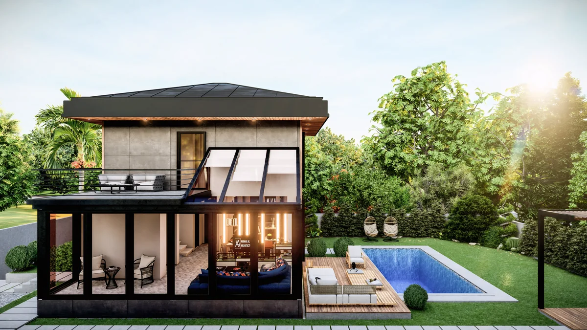 Lavies Şile glazed living room with sloping roof blinds and an upper terrace beside the garden pool