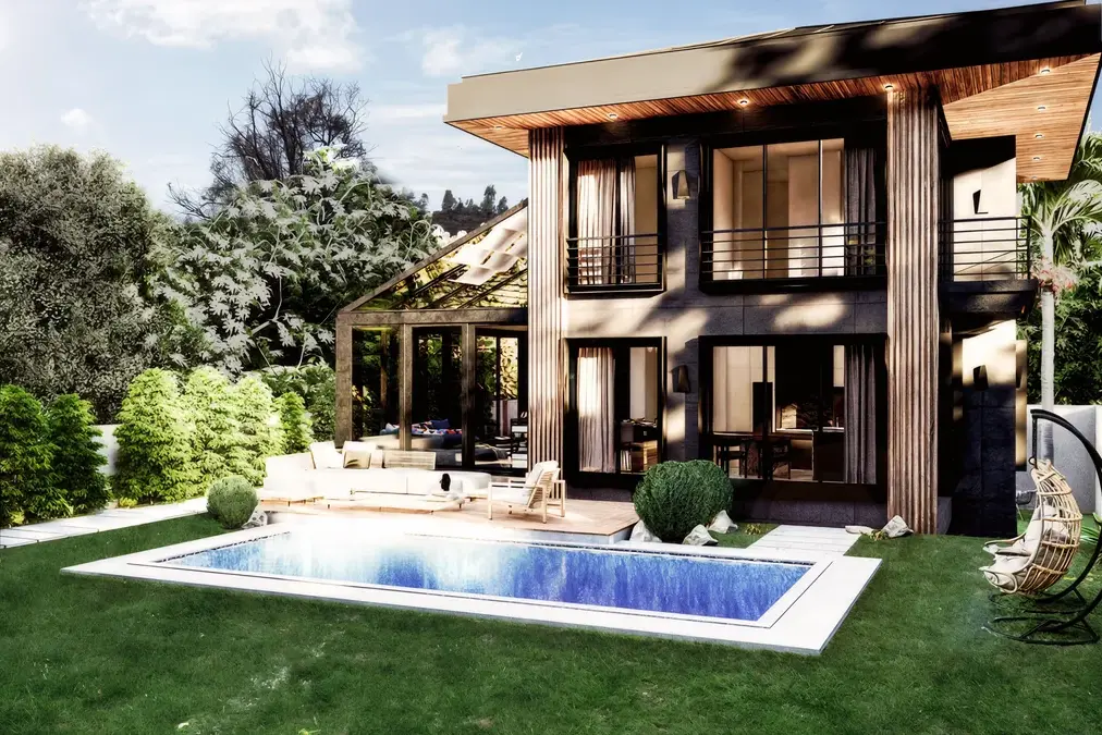 Lavies Şile villa garden facade with a private pool, timber details and a glazed living-room extension