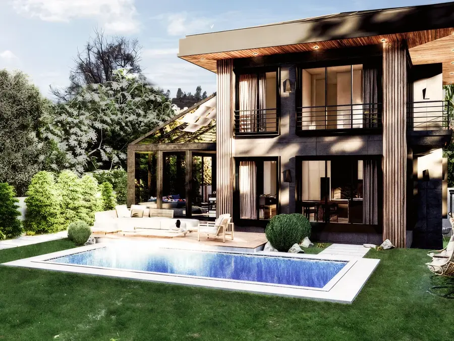 Lavies Şile özel havuzlu, ahşap detaylı ve camlı oturma odası uzantısına sahip villa bahçe cephesi