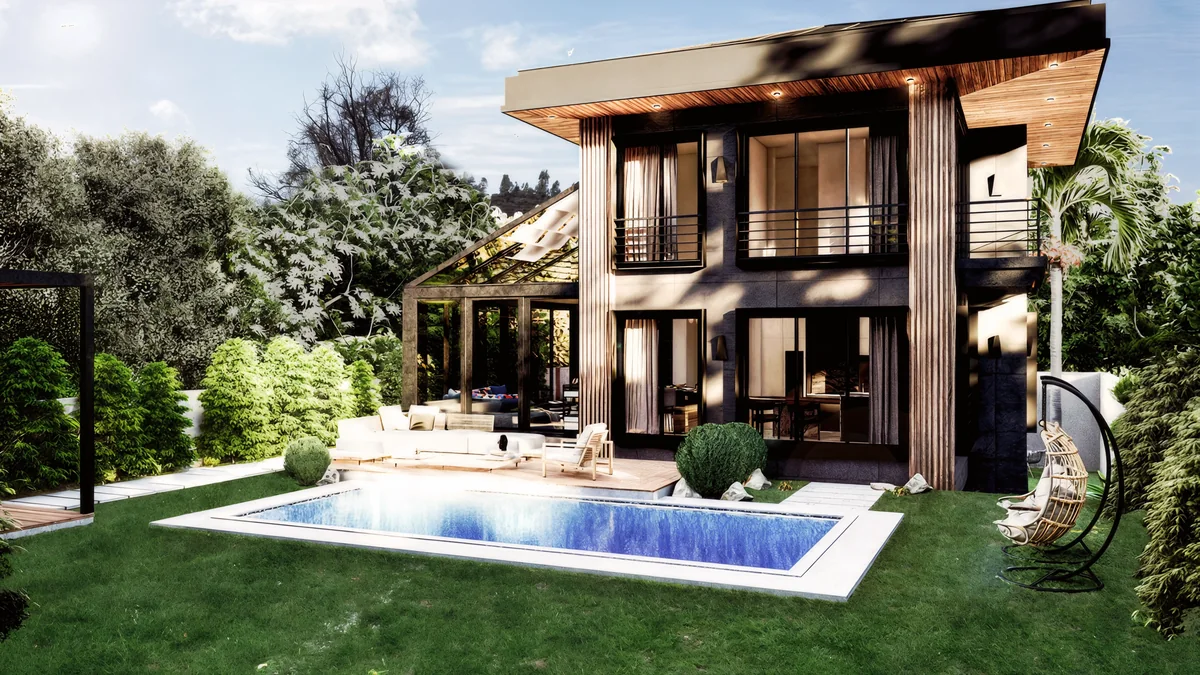 Lavies Şile villa garden facade with a private pool, timber details and a glazed living-room extension