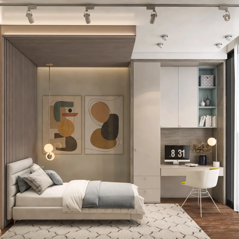 Single bedroom with a ribbed canopy, integrated study desk and pale blue shelving