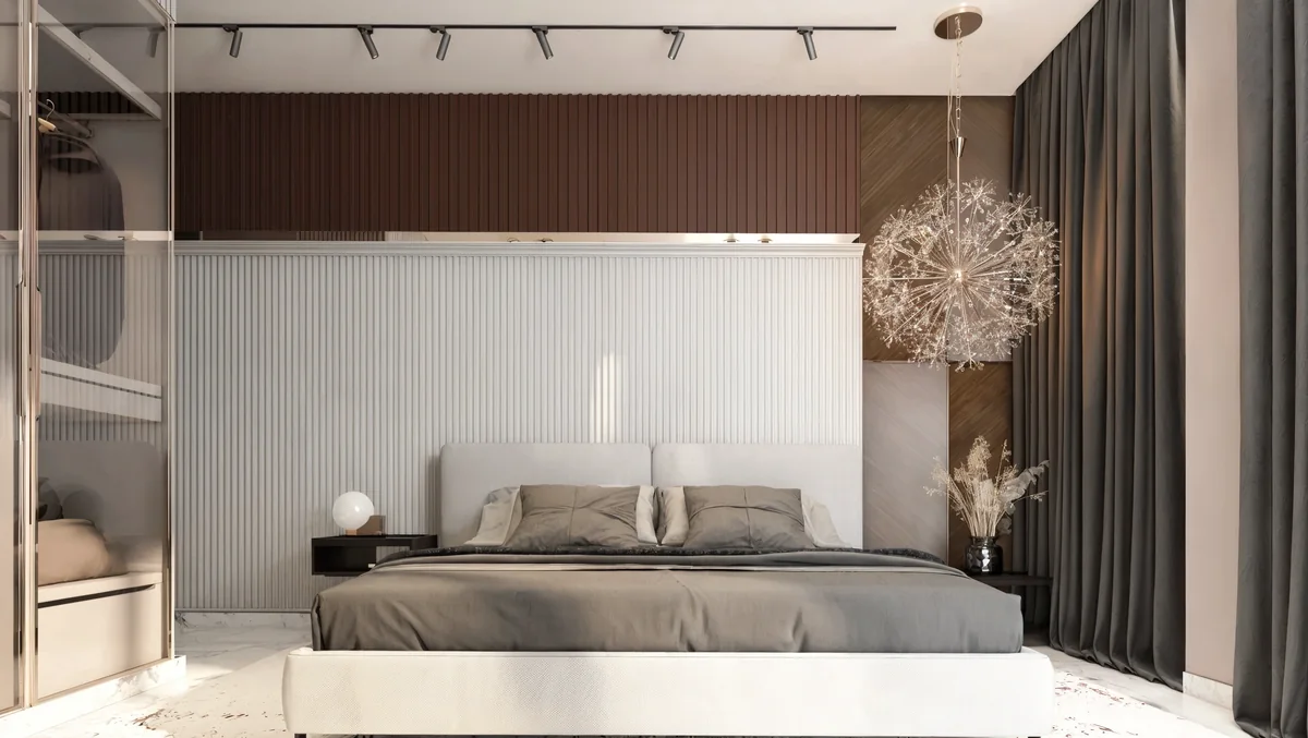 Neutral bedroom with ribbed wall panels and a spherical crystal pendant