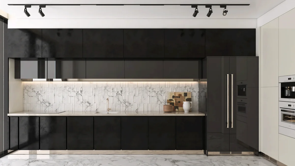 Full kitchen elevation showing dark cabinetry, a white veined backsplash and concealed lighting