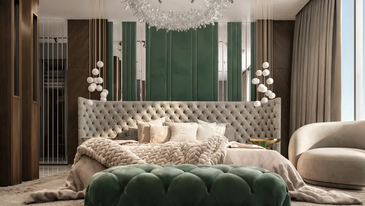 Emerald wall panels and a green ottoman framing the tufted headboard of the main bedroom