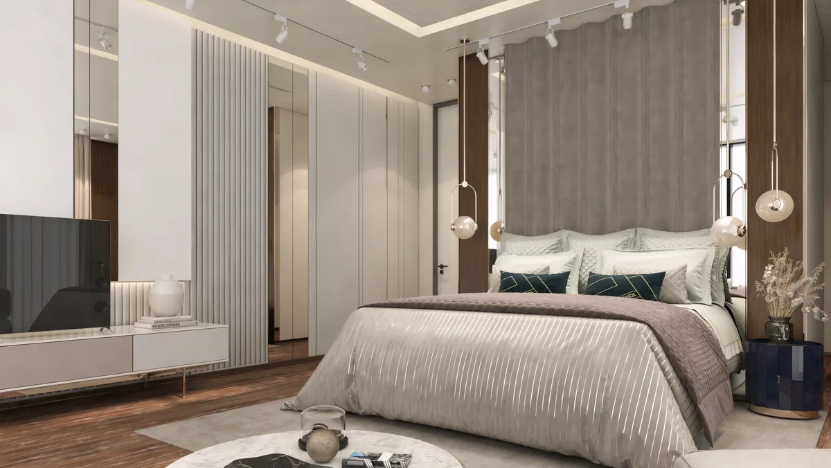 TUTKU villa bedroom with a tall upholstered headboard, mirrored joinery and globe pendants