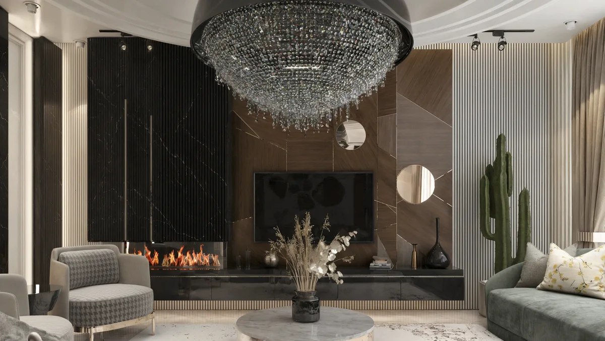 Black marble fireplace and geometric walnut television wall beneath a crystal pendant