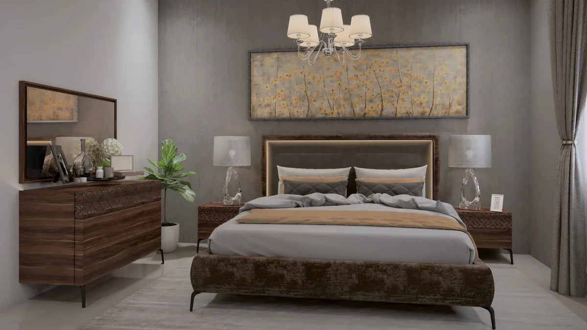 Dahlan Villa bedroom with patterned timber cabinetry, an upholstered headboard and matching bedside lamps