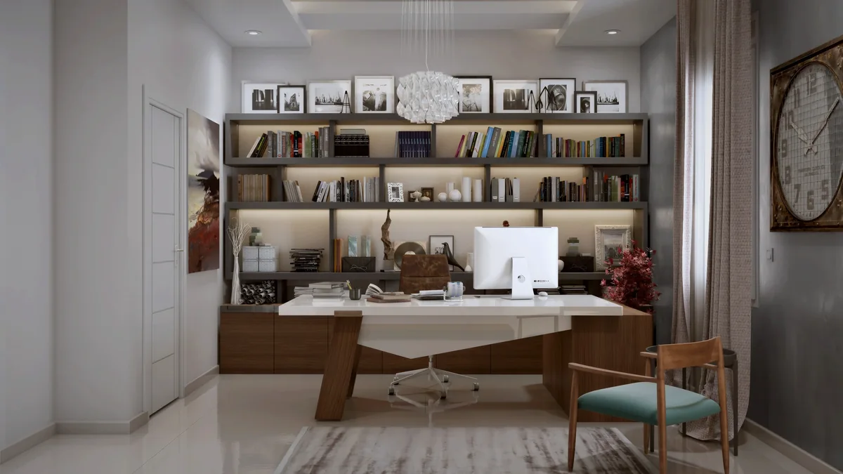 Dahlan Villa home office with a wall-wide bookcase, timber storage and a white desk