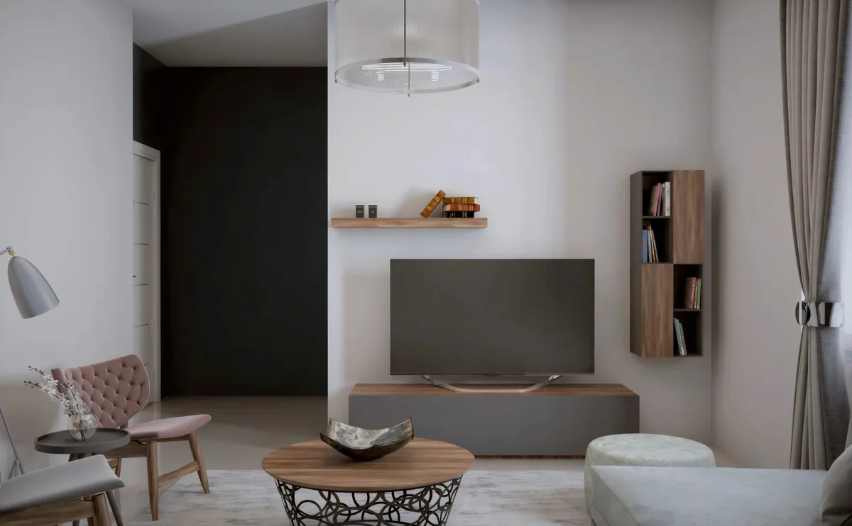 Timber shelves and a grey media console in the compact Dahlan Villa lounge